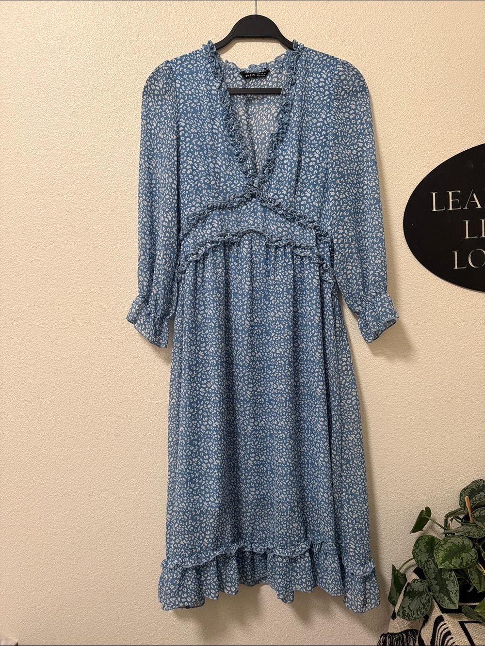 SHEIN Blue Floral Ruffle-Trim Midi Dress